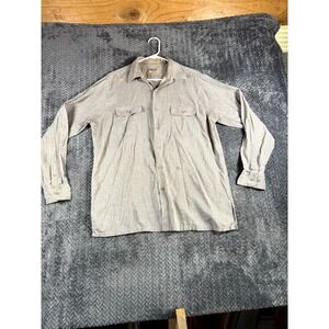 Oakton Full Cut Shirt Mens Large Beige Striped Side Slit Cotton Button Up Casual